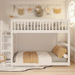 Generique Lit Superposé 140x200 cm - Lit Junior avec Rangement, Cadre en Bois avec Clôture, Sans Matelas, Blanc Online