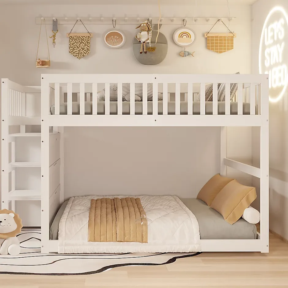 Generique Lit Superposé 140x200 cm - Lit Junior avec Rangement, Cadre en Bois avec Clôture, Sans Matelas, Blanc Online