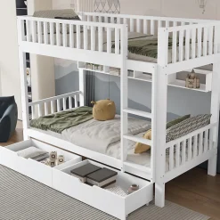 Enfant Okwish Lit superposé 90x200 cm - Lit simple avec rangement et étagères, tiroirs intégrés, structure en pin et MDF - Sans matelas - Blanc