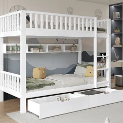 Enfant Okwish Lit superposé 90x200 cm - Lit simple avec rangement et étagères, tiroirs intégrés, structure en pin et MDF - Sans matelas - Blanc