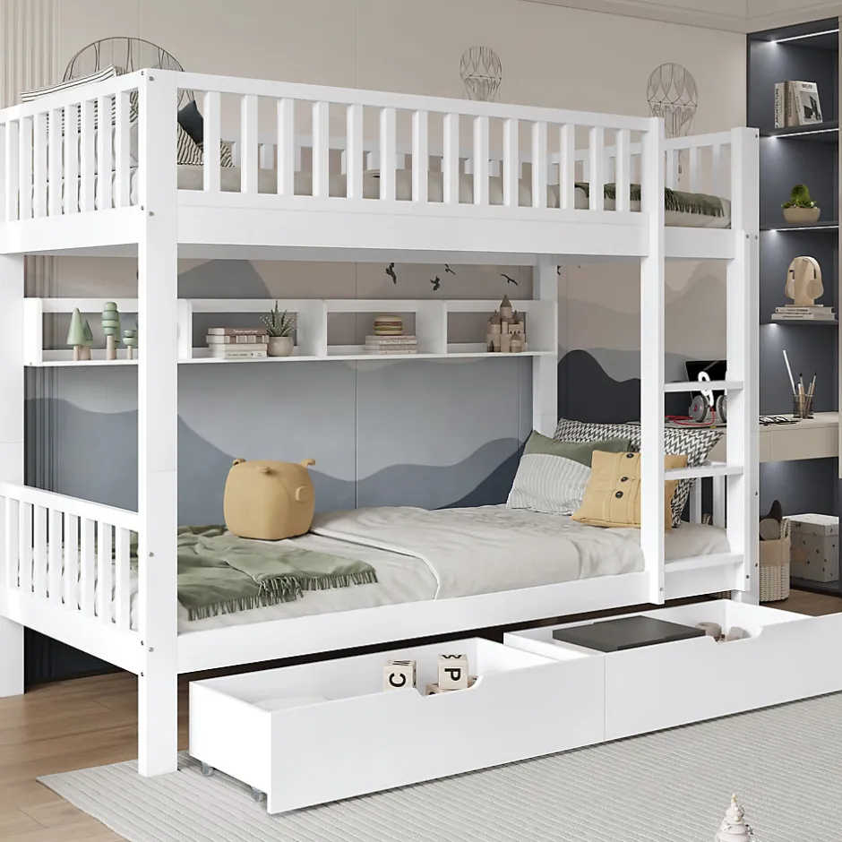 Enfant Okwish Lit superposé 90x200 cm - Lit simple avec rangement et étagères, tiroirs intégrés, structure en pin et MDF - Sans matelas - Blanc