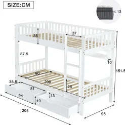 Enfant Okwish Lit superposé 90x200 cm - Lit simple avec rangement et étagères, tiroirs intégrés, structure en pin et MDF - Sans matelas - Blanc