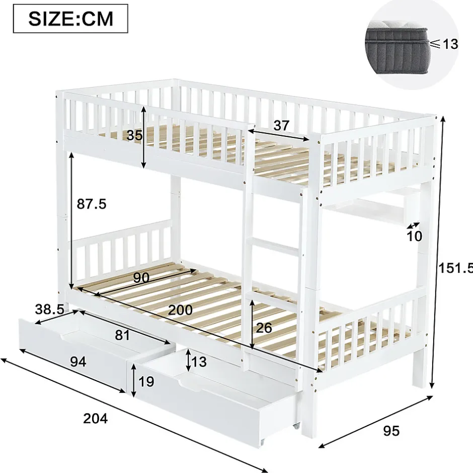 Enfant Okwish Lit superposé 90x200 cm - Lit simple avec rangement et étagères, tiroirs intégrés, structure en pin et MDF - Sans matelas - Blanc
