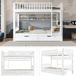 Enfant Okwish Lit superposé 90x200 cm - Lit simple avec rangement et étagères, tiroirs intégrés, structure en pin et MDF - Sans matelas - Blanc