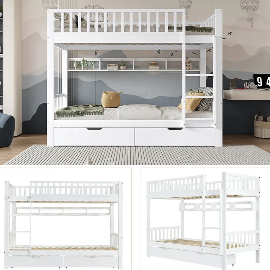 Enfant Okwish Lit superposé 90x200 cm - Lit simple avec rangement et étagères, tiroirs intégrés, structure en pin et MDF - Sans matelas - Blanc