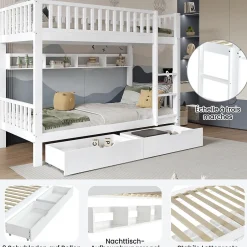 Enfant Okwish Lit superposé 90x200 cm - Lit simple avec rangement et étagères, tiroirs intégrés, structure en pin et MDF - Sans matelas - Blanc
