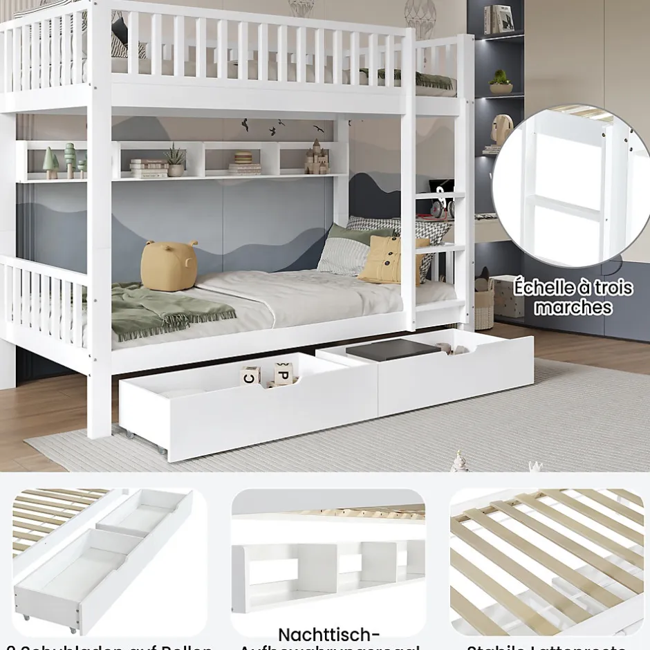 Enfant Okwish Lit superposé 90x200 cm - Lit simple avec rangement et étagères, tiroirs intégrés, structure en pin et MDF - Sans matelas - Blanc