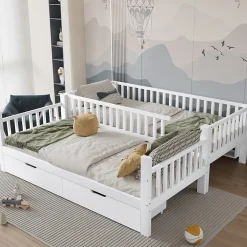 Enfant Okwish Lit superposé 90x200 cm - Lit simple avec rangement et étagères, tiroirs intégrés, structure en pin et MDF - Sans matelas - Blanc