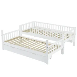 Enfant Okwish Lit superposé 90x200 cm - Lit simple avec rangement et étagères, tiroirs intégrés, structure en pin et MDF - Sans matelas - Blanc