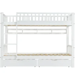 Enfant Okwish Lit superposé 90x200 cm - Lit simple avec rangement et étagères, tiroirs intégrés, structure en pin et MDF - Sans matelas - Blanc