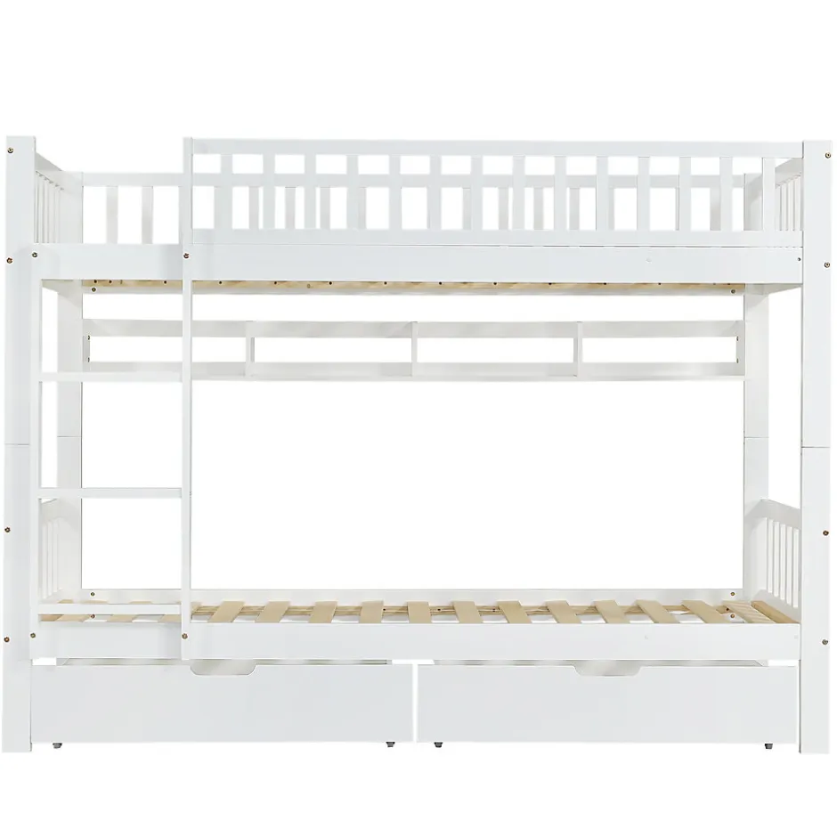 Enfant Okwish Lit superposé 90x200 cm - Lit simple avec rangement et étagères, tiroirs intégrés, structure en pin et MDF - Sans matelas - Blanc