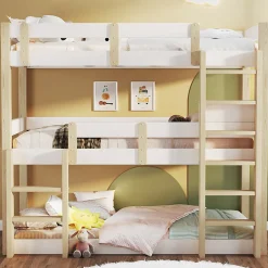 Enfant ModernLuxe Lit superposé 90x190 cm - Lit triple - Avec échelle de sécurité - Blanc + naturel (matelas non inclus)