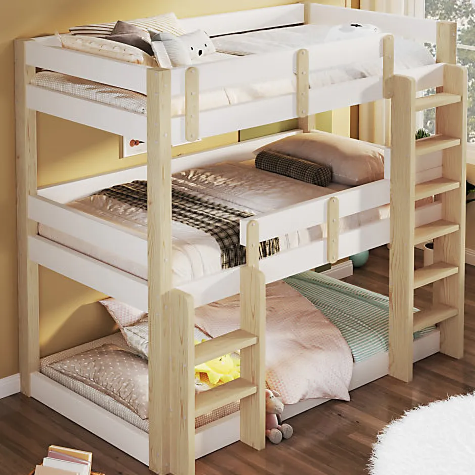 Enfant ModernLuxe Lit superposé 90x190 cm - Lit triple - Avec échelle de sécurité - Blanc + naturel (matelas non inclus)