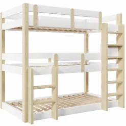 Enfant ModernLuxe Lit superposé 90x190 cm - Lit triple - Avec échelle de sécurité - Blanc + naturel (matelas non inclus)