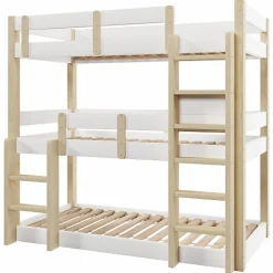 Enfant ModernLuxe Lit superposé 90x190 cm - Lit triple - Avec échelle de sécurité - Blanc + naturel (matelas non inclus)
