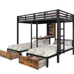 Okwish Lit superposé 140x200 cm + 90x200 cm - Lit avec rangement avec 2 tiroirs- Métal et MDF - Facile à monter - Sans matelas - Noir Hot