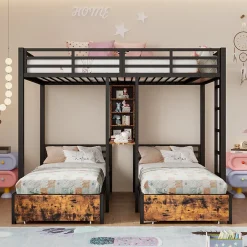 Okwish Lit superposé 140x200 cm + 90x200 cm - Lit avec rangement avec 2 tiroirs- Métal et MDF - Facile à monter - Sans matelas - Noir Hot