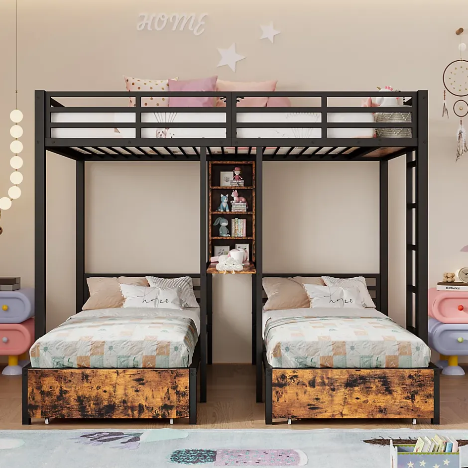 Okwish Lit superposé 140x200 cm + 90x200 cm - Lit avec rangement avec 2 tiroirs- Métal et MDF - Facile à monter - Sans matelas - Noir Hot