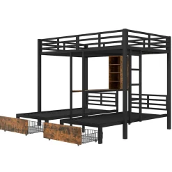 Okwish Lit superposé 140x200 cm + 90x200 cm - Lit avec rangement avec 2 tiroirs- Métal et MDF - Facile à monter - Sans matelas - Noir Hot