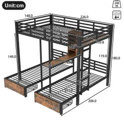 Okwish Lit superposé 140x200 cm + 90x200 cm - Lit avec rangement avec 2 tiroirs- Métal et MDF - Facile à monter - Sans matelas - Noir Hot