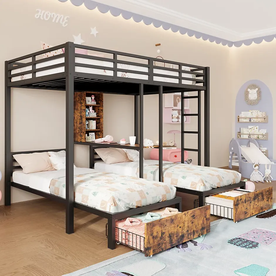 Okwish Lit superposé 140x200 cm + 90x200 cm - Lit avec rangement avec 2 tiroirs- Métal et MDF - Facile à monter - Sans matelas - Noir Hot