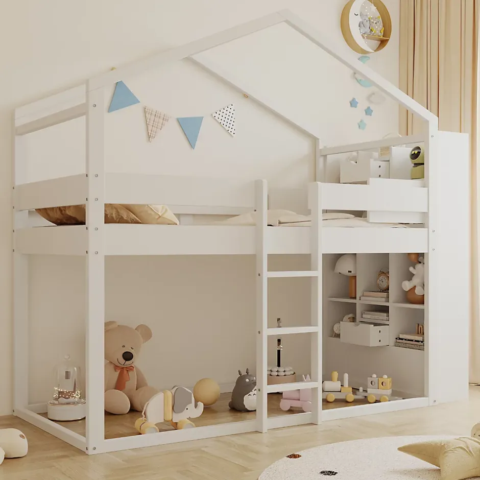 ModernLuxe Lit superposé 90x200 cm avec 2 tiroirs - avec compartiments de rangement - avec sommier à lattes - blanc (sans matelas) Discount