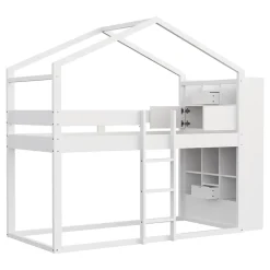 ModernLuxe Lit superposé 90x200 cm avec 2 tiroirs - avec compartiments de rangement - avec sommier à lattes - blanc (sans matelas) Discount