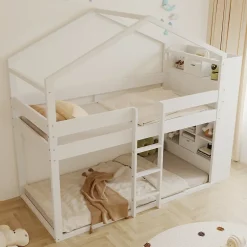 ModernLuxe Lit superposé 90x200 cm avec 2 tiroirs - avec compartiments de rangement - avec sommier à lattes - blanc (sans matelas) Discount