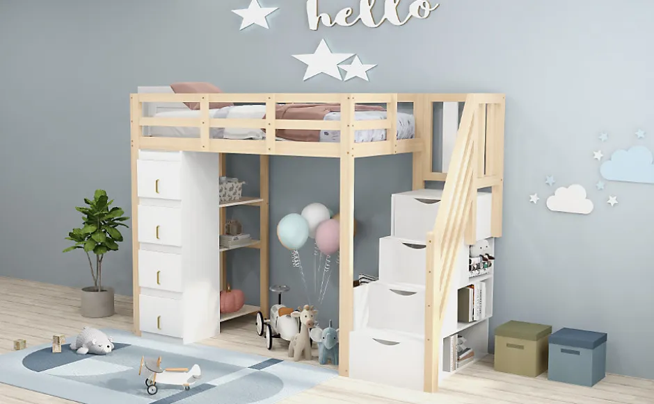 Enfant Redom Lit superposé 90x200 cm avec 4 tiroirs et échelle sécurisée en bois massif, gain de place chambre enfant