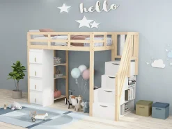 Enfant Redom Lit superposé 90x200 cm avec 4 tiroirs et échelle sécurisée en bois massif, gain de place chambre enfant