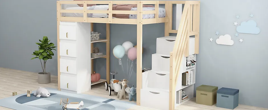 Enfant Redom Lit superposé 90x200 cm avec 4 tiroirs et échelle sécurisée en bois massif, gain de place chambre enfant