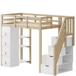 Enfant Redom Lit superposé 90x200 cm avec 4 tiroirs et échelle sécurisée en bois massif, gain de place chambre enfant