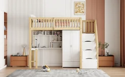 Redom Lit superposé 90x200 cm avec armoire et bureau intégrés, structure bois massif blanc/naturel, gain de place Best