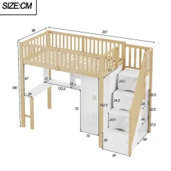 Redom Lit superposé 90x200 cm avec armoire et bureau intégrés, structure bois massif blanc/naturel, gain de place Best