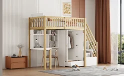 Redom Lit superposé 90x200 cm avec armoire et bureau intégrés, structure bois massif blanc/naturel, gain de place Best