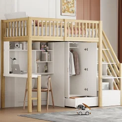 Redom Lit superposé 90x200 cm avec armoire et bureau intégrés, structure bois massif blanc/naturel, gain de place Best