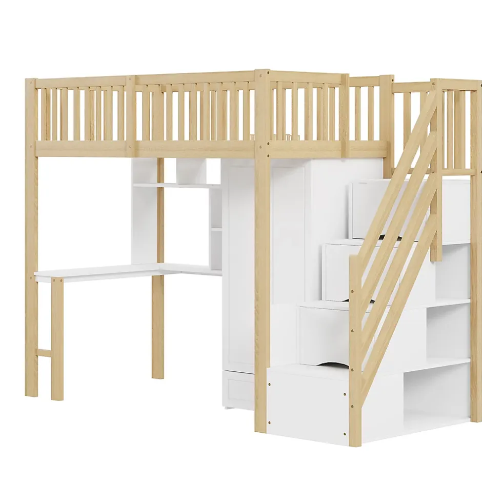 Redom Lit superposé 90x200 cm avec armoire et bureau intégrés, structure bois massif blanc/naturel, gain de place Best