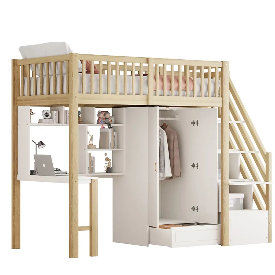 Redom Lit superposé 90x200 cm avec armoire et bureau intégrés, structure bois massif blanc/naturel, gain de place Best