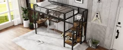 Redom Lit superposé 90x200 cm avec armoire intégrée et échelle latérale, structure métal et MDF, noir/noyer foncé Online