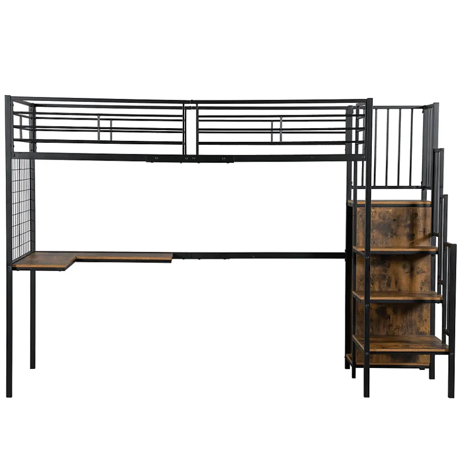 Redom Lit superposé 90x200 cm avec armoire intégrée et échelle latérale, structure métal et MDF, noir/noyer foncé Online