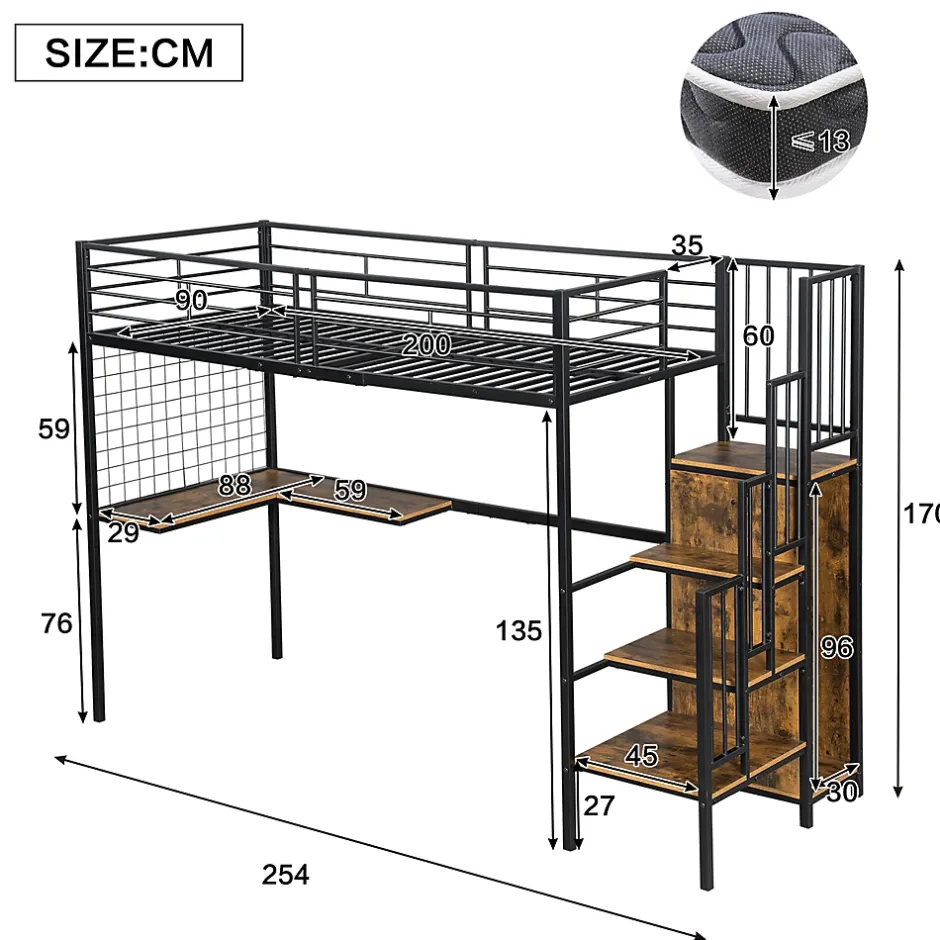 Redom Lit superposé 90x200 cm avec armoire intégrée et échelle latérale, structure métal et MDF, noir/noyer foncé Online