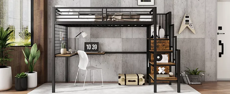 Redom Lit superposé 90x200 cm avec armoire intégrée et échelle latérale, structure métal et MDF, noir/noyer foncé Online