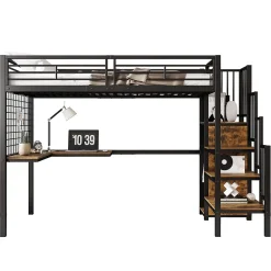 Redom Lit superposé 90x200 cm avec armoire intégrée et échelle latérale, structure métal et MDF, noir/noyer foncé Online