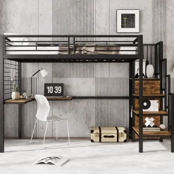 Redom Lit superposé 90x200 cm avec armoire intégrée et échelle latérale, structure métal et MDF, noir/noyer foncé Online