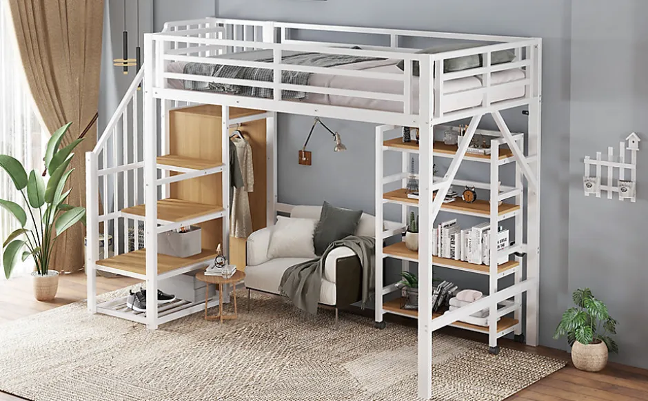 Enfant Redom Lit superposé 90x200 cm avec armoire d'angle, étagère roulante et garde-corps, structure métal/MDF