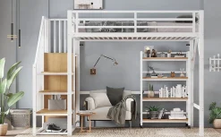 Enfant Redom Lit superposé 90x200 cm avec armoire d'angle, étagère roulante et garde-corps, structure métal/MDF