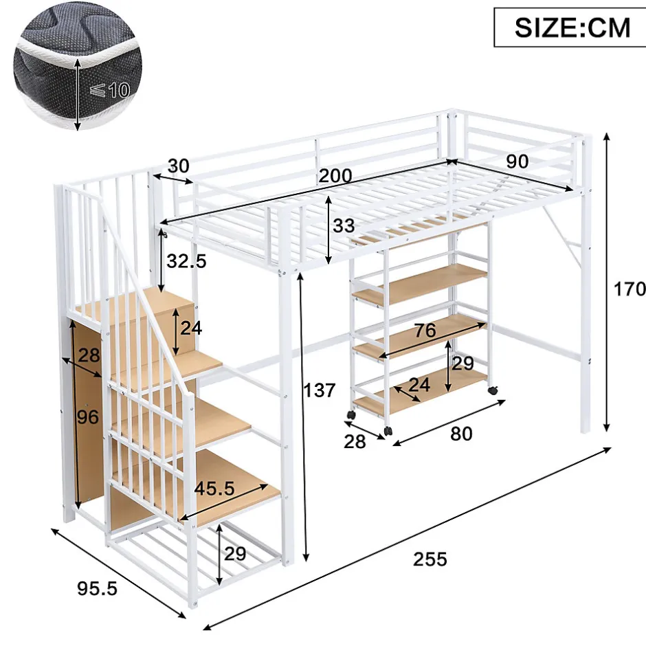 Enfant Redom Lit superposé 90x200 cm avec armoire d'angle, étagère roulante et garde-corps, structure métal/MDF