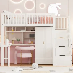 Enfant Redom Lit superposé 90x200 cm avec armoire et bureau intégrés, escalier tiroirs en bois massif blanc, gain de place