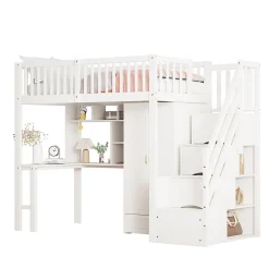 Enfant Redom Lit superposé 90x200 cm avec armoire et bureau intégrés, escalier tiroirs en bois massif blanc, gain de place