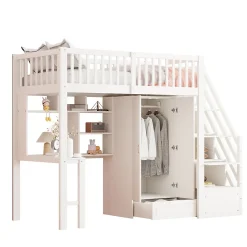Enfant Redom Lit superposé 90x200 cm avec armoire et bureau intégrés, escalier tiroirs en bois massif blanc, gain de place